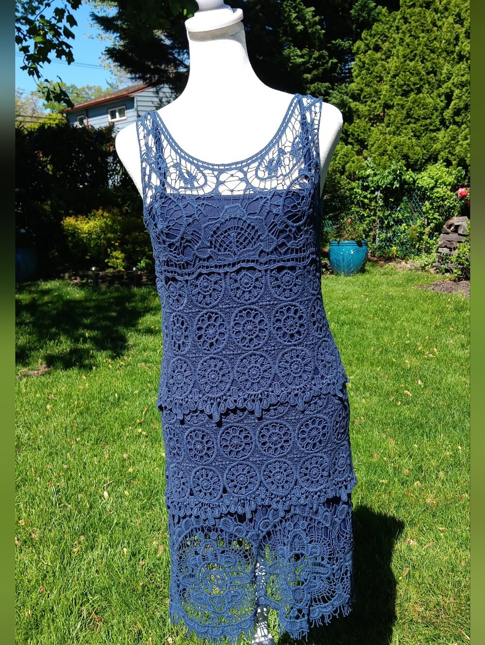 Blue Crochet Lace Sleeveless Dress